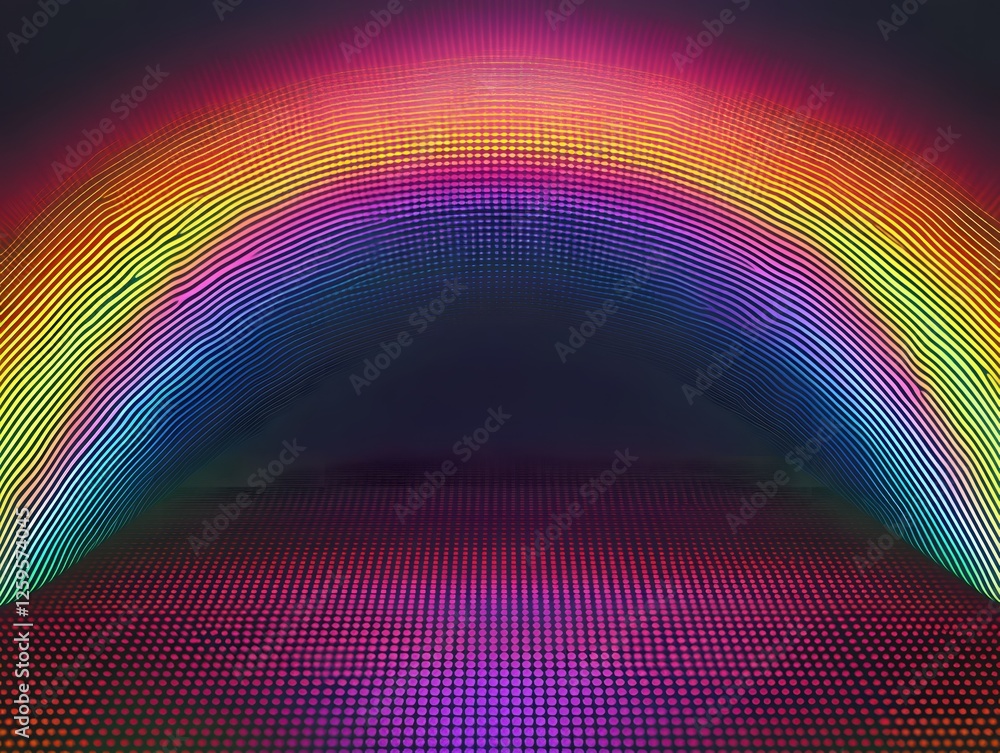 Poster abstract rainbow tunnel of light with vibrant color gradient and dotted floor background