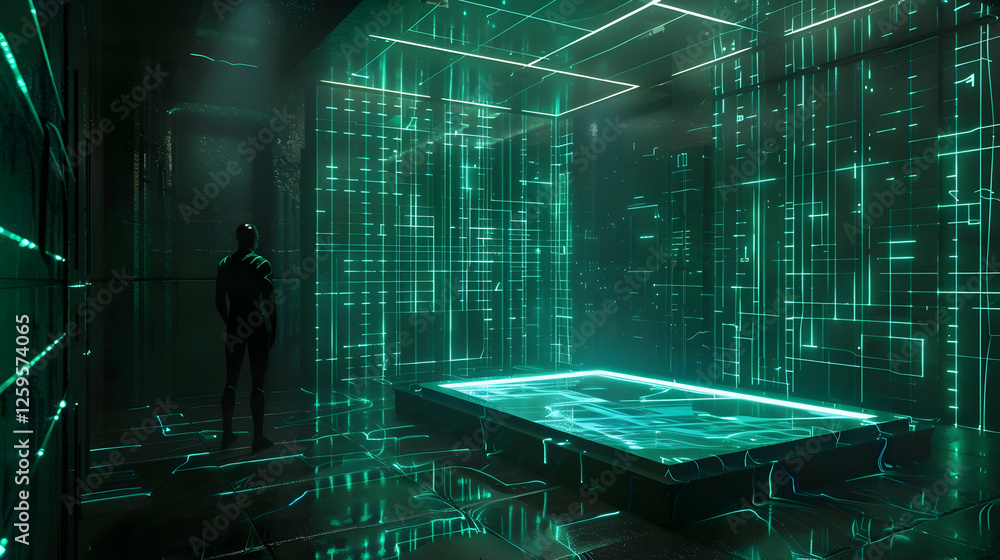 Poster futuristic digital environment with a silhouetted figure exploring glowing data patterns