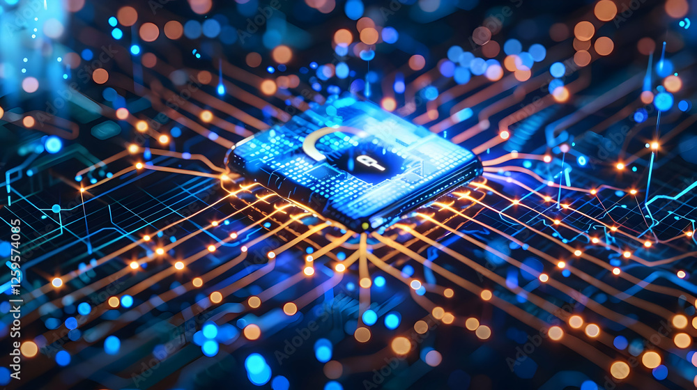 Poster close-up of a glowing microchip surrounded by vibrant circuitry and data flow