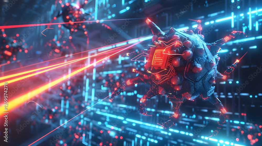 Poster futuristic digital landscape featuring a robotic entity firing lasers amidst neon data streams
