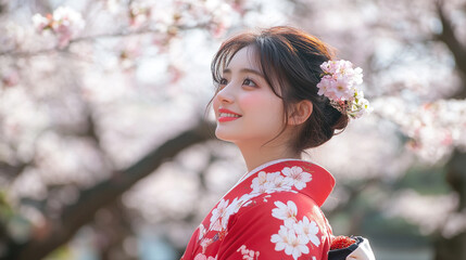 Beautiful Woman in Red Kimono Cherry Blossoms Spring Japan girl cute pink smile model asian dress   