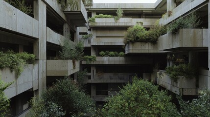 Fototapeta premium Futuristic Hotel Complex: Eco-Brutalism Architecture with Orchards on Terraces in Monolithic Forms