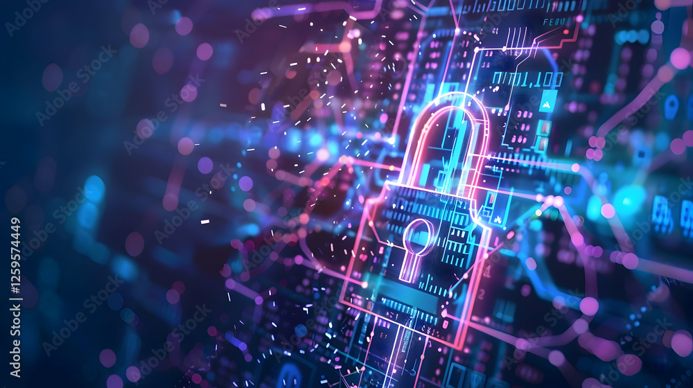 Aufkleber futuristic digital lock symbolizing cybersecurity on a vibrant tech background