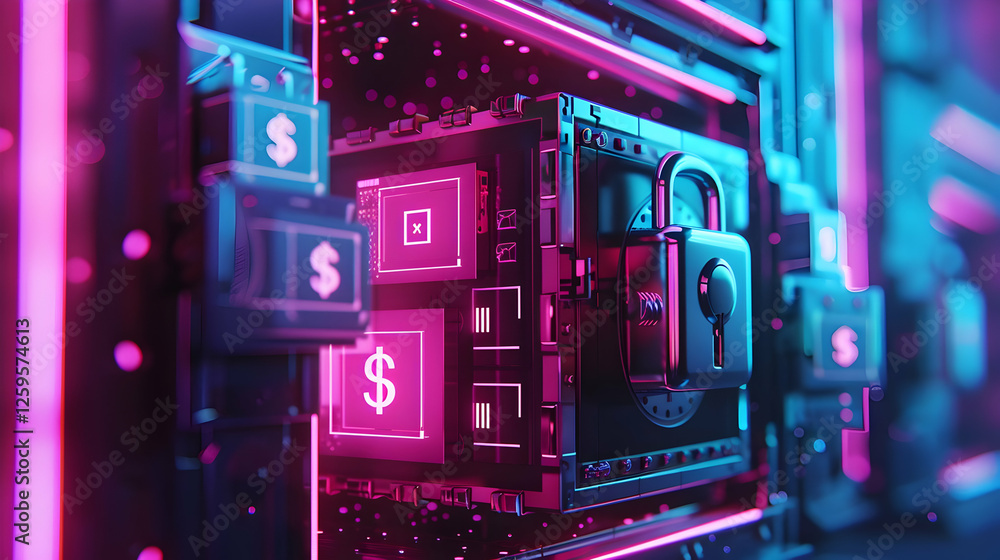 Poster secure digital vault with glowing locks and dollar signs in a neon environment