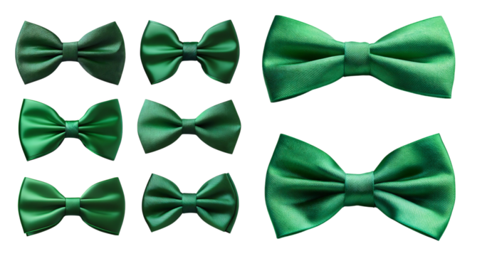 Collection of Green Satin Bowties on a Transparent Background, isolated on transparent background