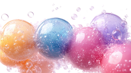 Bubbling Orb: A captivating close-up shot showcasing a line of vibrant, colored spheres nestled in a frothy bath of bubbly effervescence, conveying a sense of playful and sensory delight. 