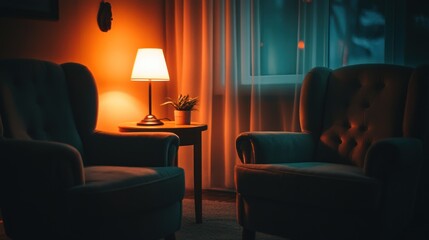 Cozy evening scene with illuminated lamp and plants indoors