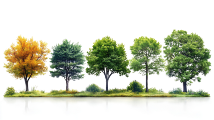 The cycle of Seasons: capturing the dynamic essence of growth, change, and resilience, a collection of vibrant trees stands in a row against a backdrop.