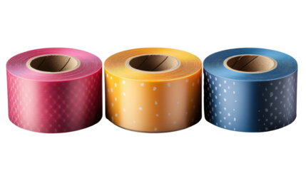 Rolls of Colorful Tape: An eye-catching arrangement featuring three vibrant rolls of patterned tape, perfect for adding a pop of color and creative flair to any project.