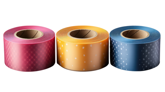 Rolls of Colorful Tape: An eye-catching arrangement featuring three vibrant rolls of patterned tape, perfect for adding a pop of color and creative flair to any project.