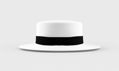 White boater hat with black ribbon, isolated on white background, studio shot, fashion accessory
