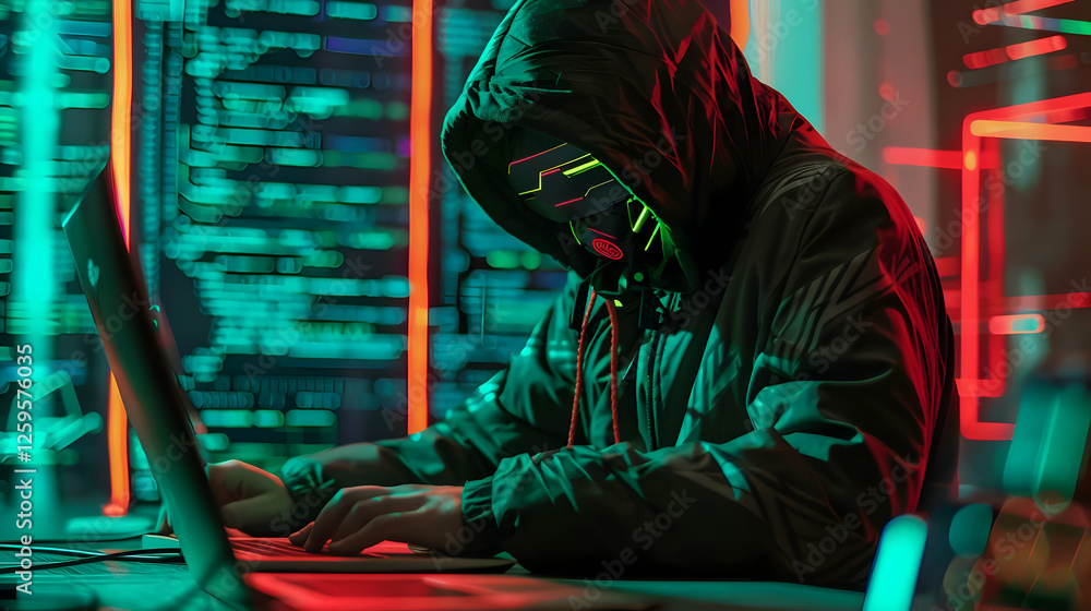 Poster mysterious hacker in a dark room, focused on a laptop with neon code in background