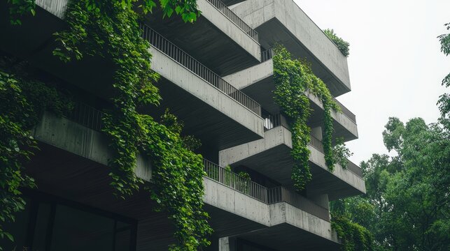 Pristine Eco-Brutalism: Intricate Terrace Building with Ivy Clad Balconies and Chunky Parapets in Cinematic Style