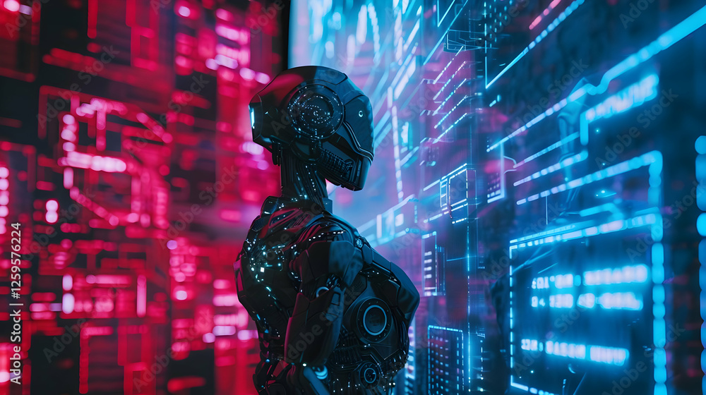 Poster futuristic humanoid robot standing against a vibrant digital backdrop, exploring data