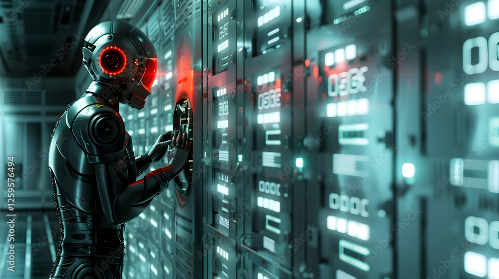 Poster futuristic robot interacting with high-tech control panel in a sci-fi environment
