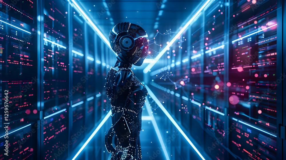 Poster futuristic robot exploring a high-tech server room illuminated by neon lights
