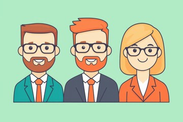 Fototapeta premium successful investor wealth planning concept. Three cartoon professionals with glasses in formal attire standing together on a green background.