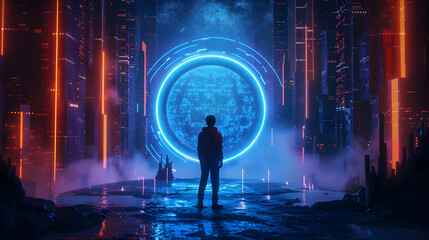 Fototapeta premium A figure stands before a glowing portal in a futuristic cityscape at night