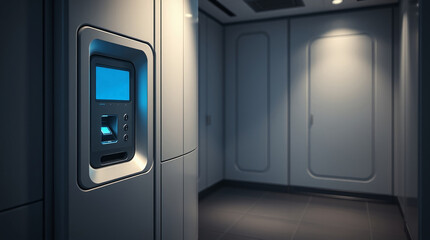 Futuristic metallic hallway with an embedded digital screen and sleek minimalistic walls illuminated by soft ambient lighting

