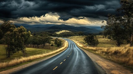 Fototapeta premium Winding road, stormy sky, rural landscape, travel photography