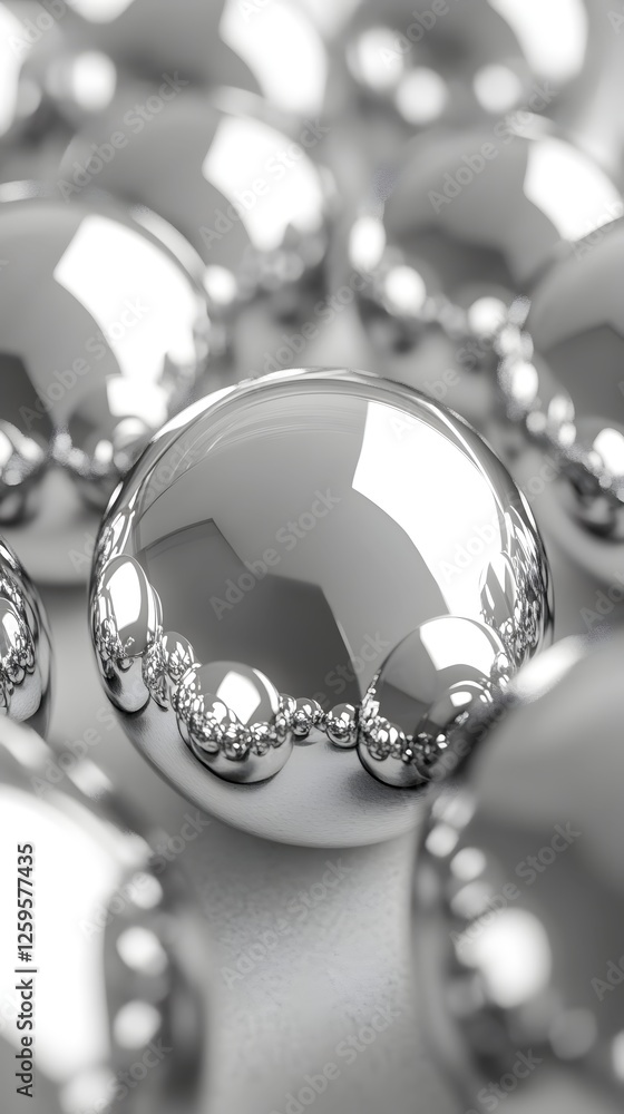 Poster Chrome Sphere Array Close Up Showing Surface Detail and Reflections in Monochrome