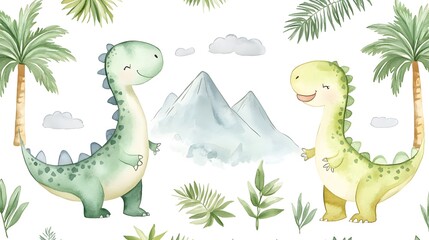 Two cute watercolor dinosaurs stand in a prehistoric landscape