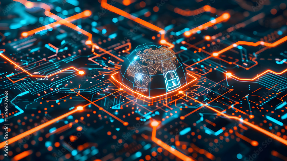 Poster digital globe enclosed in a secure lock symbol, showcasing cybersecurity technology