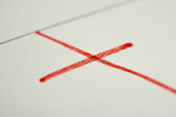 Fototapeta premium A sheet with one line crossed out in red among standard text, exemplifying the courage to break routine