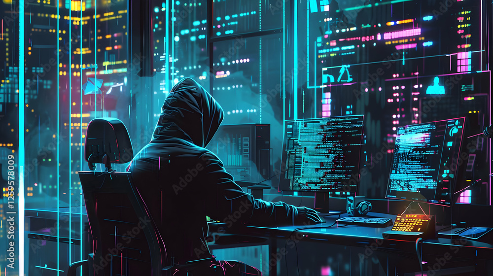 Aufkleber mysterious hacker working in a neon-lit cityscape, immersed in digital data