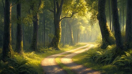 Naklejka premium Sunlit Forest Path Winding road through lush green woods, dappled sunlight, peaceful background, ideal for travel posters