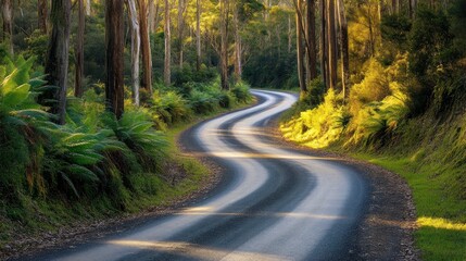 Fototapeta premium Winding road through sunlit forest, scenic drive, travel background