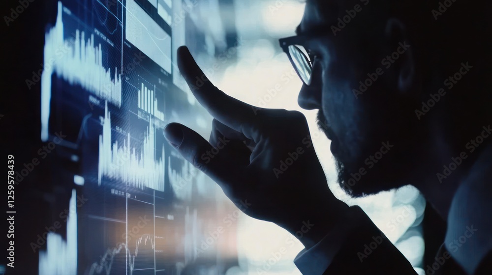Poster analyzing data: man interacting with financial charts and graphs