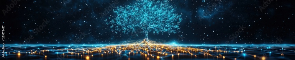 Poster tree of life with glowing roots embedded in a cosmic field