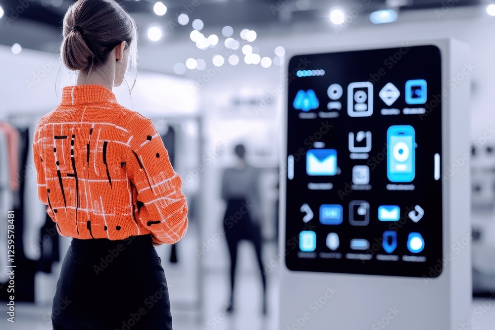 Poster exploring digital interfaces a user engaging with technology in a modern retail environment