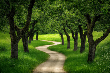       Trees line a winding road in a green hilly area