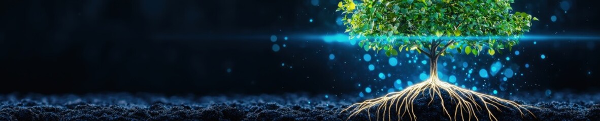 Tree of life with glowing roots embedded in a cosmic field