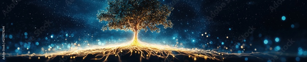 Poster tree of life with glowing roots embedded in a cosmic field