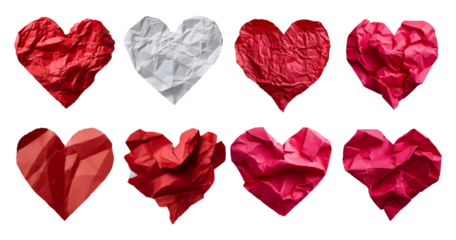 Assorted Crumpled Heart Shapes in Various Colors on White Background, isolated on transparent background