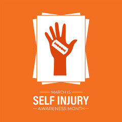 Self-Injury Awareness Month (SIAM) is observed every March to raise awareness and reduce stigma about self-harm. Design for banner, cards, prints, social media, poster, flyer and background design.