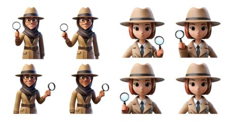 Detective Character with Magnifying Glass and Various Expressions, isolated on transparent background