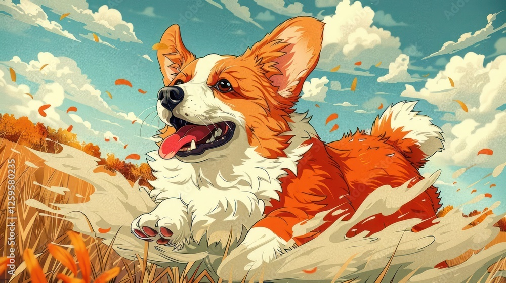 Poster a playful corgi running joyfully through a field, splashing in the water.