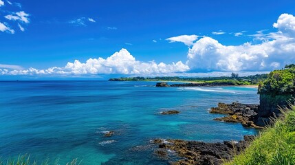 Beautiful blue ocean with clear blue sky and clouds