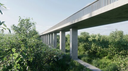 Modern Eco-Brutalism Footbridge with Integrated Planters in Orchard Farmland - Cinematic Architectural Design