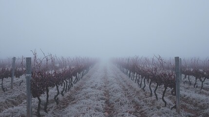 Obraz premium Foggy Vineyard Landscape in Winter, Frost Covered Grapevines, Serene and Mysterious Atmosphere, Rural Farm Scene, Nature Photography