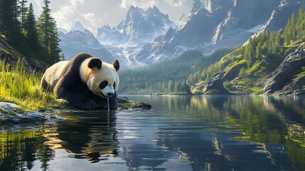 Panda View of a drinking water from a lake