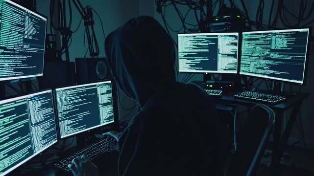 Shadow of the Digital Intruder: A hooded figure, shrouded in mystery, intensely focused on multiple computer screens displaying complex code, hinting at the unseen world of cybercrime.