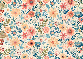 Beautiful Floral Pattern with Pastel Flowers and Leaves
