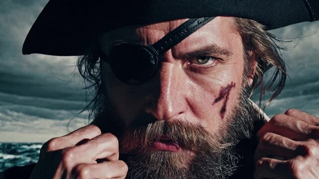 A Buccaneer's Gaze: A grizzled pirate, eye patch and tricorn hat, fiercely confronts the viewer, embodying the spirit of adventure and the perils of the sea.