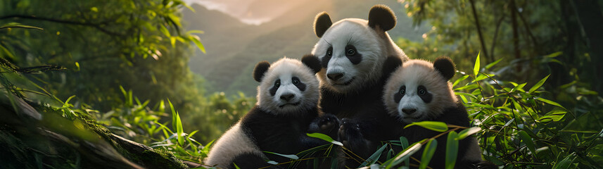 Panda bear family at the rain forest with setting sun shining. Group of wild animals in nature.