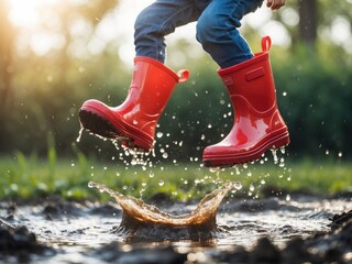 Child jumping in a puddle wearing red rain boots